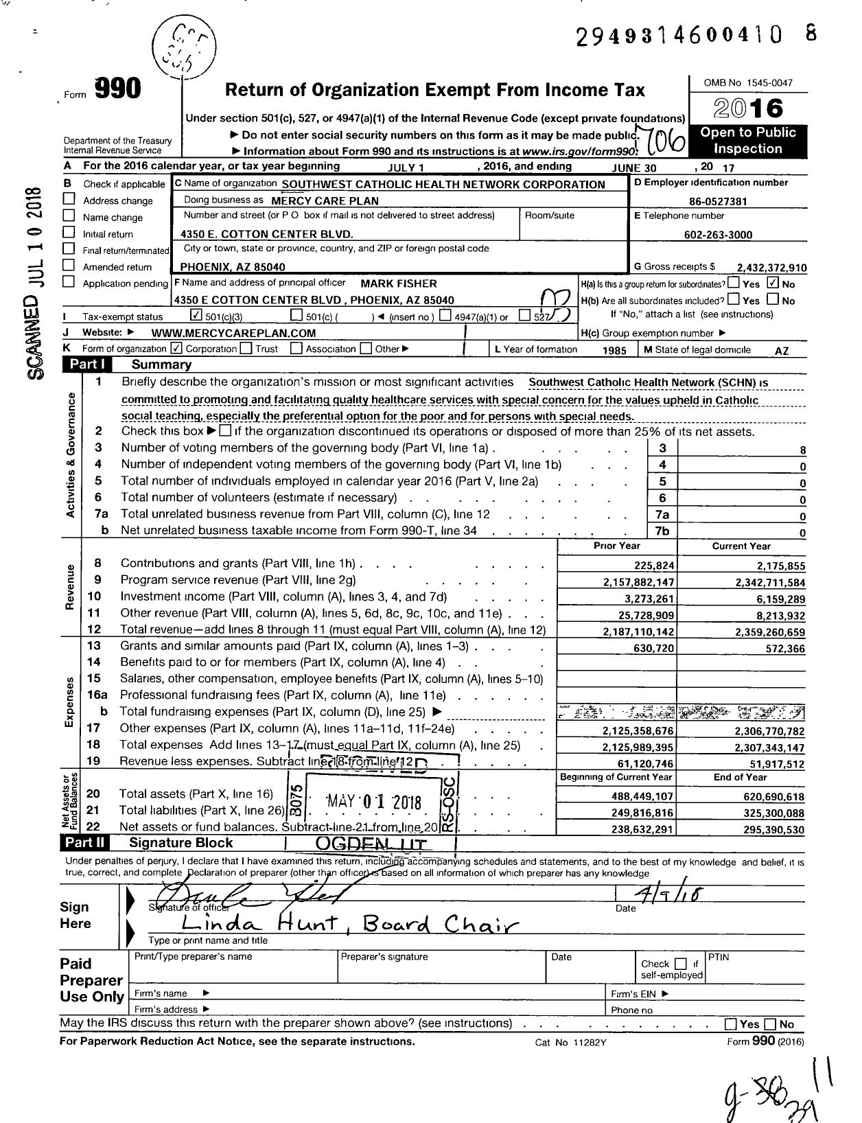 Image of first page of 2016 Form 990 for Mercy Care Plan