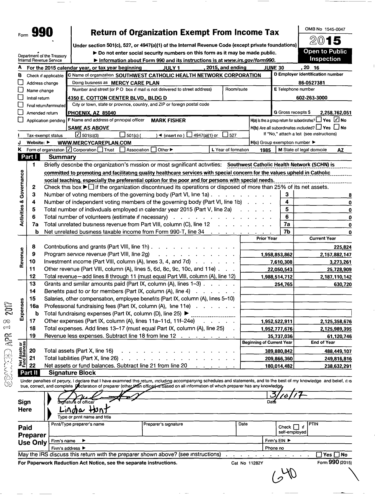 Image of first page of 2015 Form 990 for Mercy Care Plan