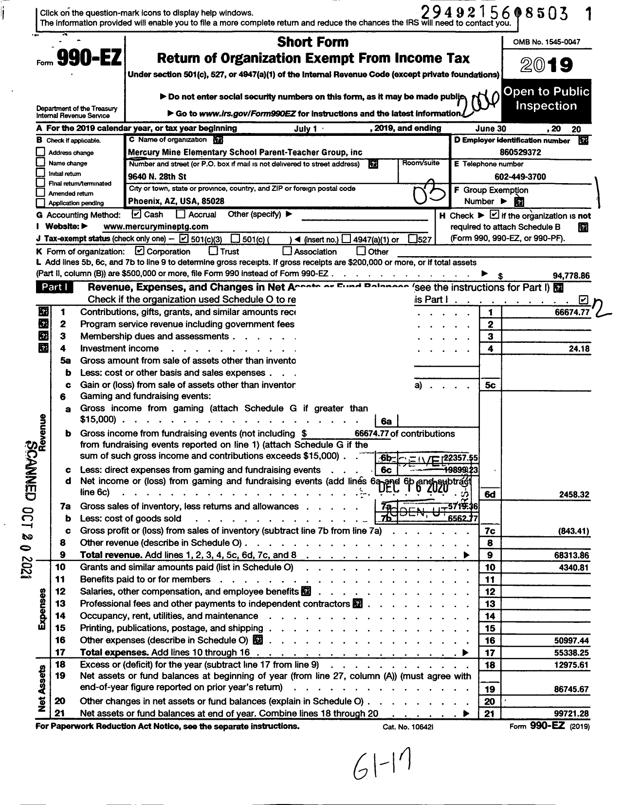 Image of first page of 2019 Form 990EZ for Mercury Mine Elementary School Parent-Teacher Organization