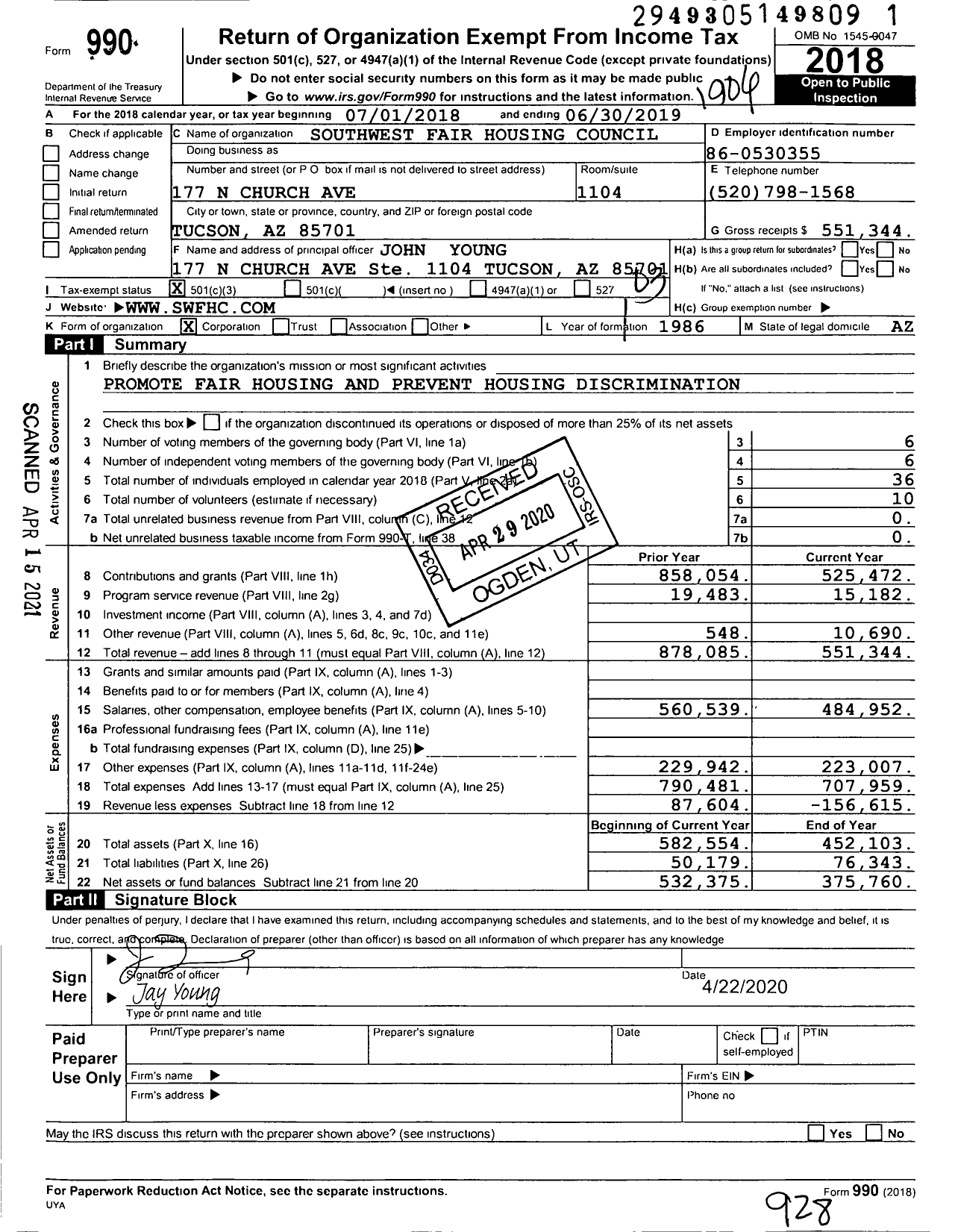 Image of first page of 2018 Form 990 for Southwest Fair Housing Council