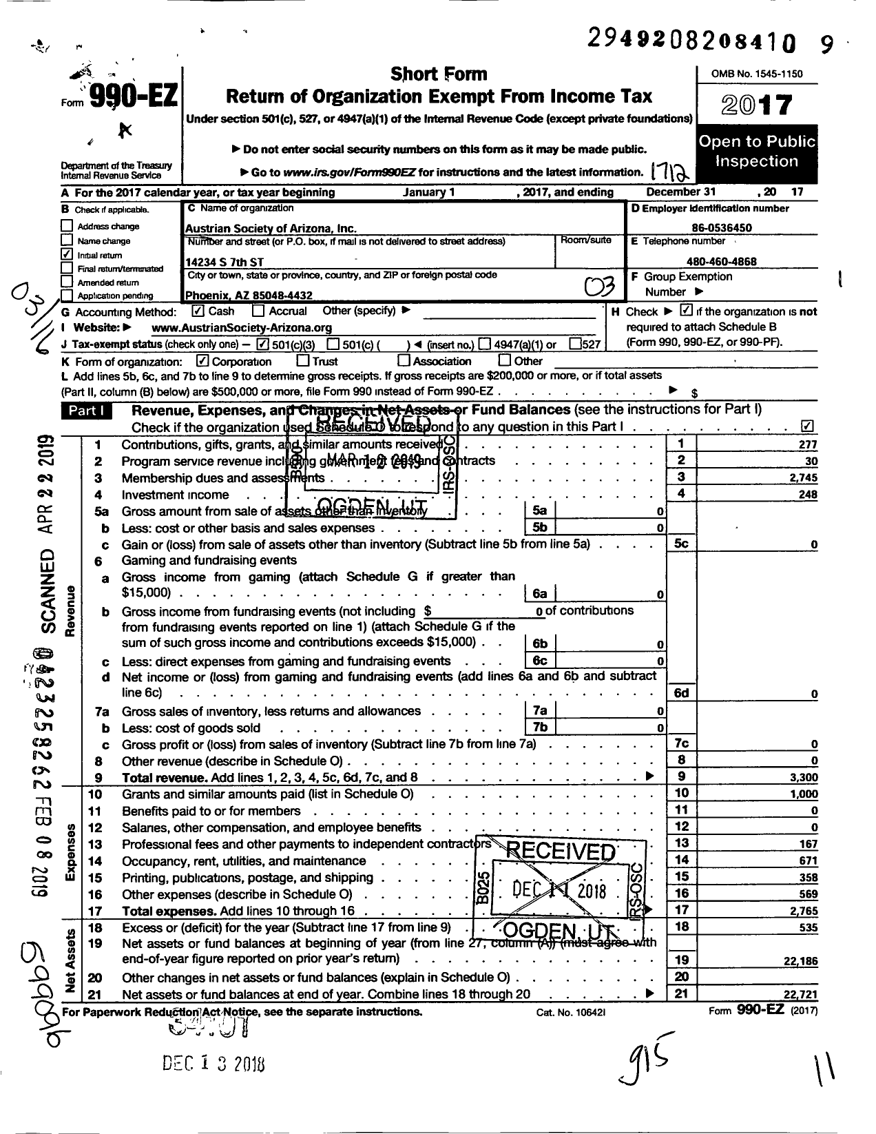 Image of first page of 2017 Form 990EZ for Austrian Society of Arizona