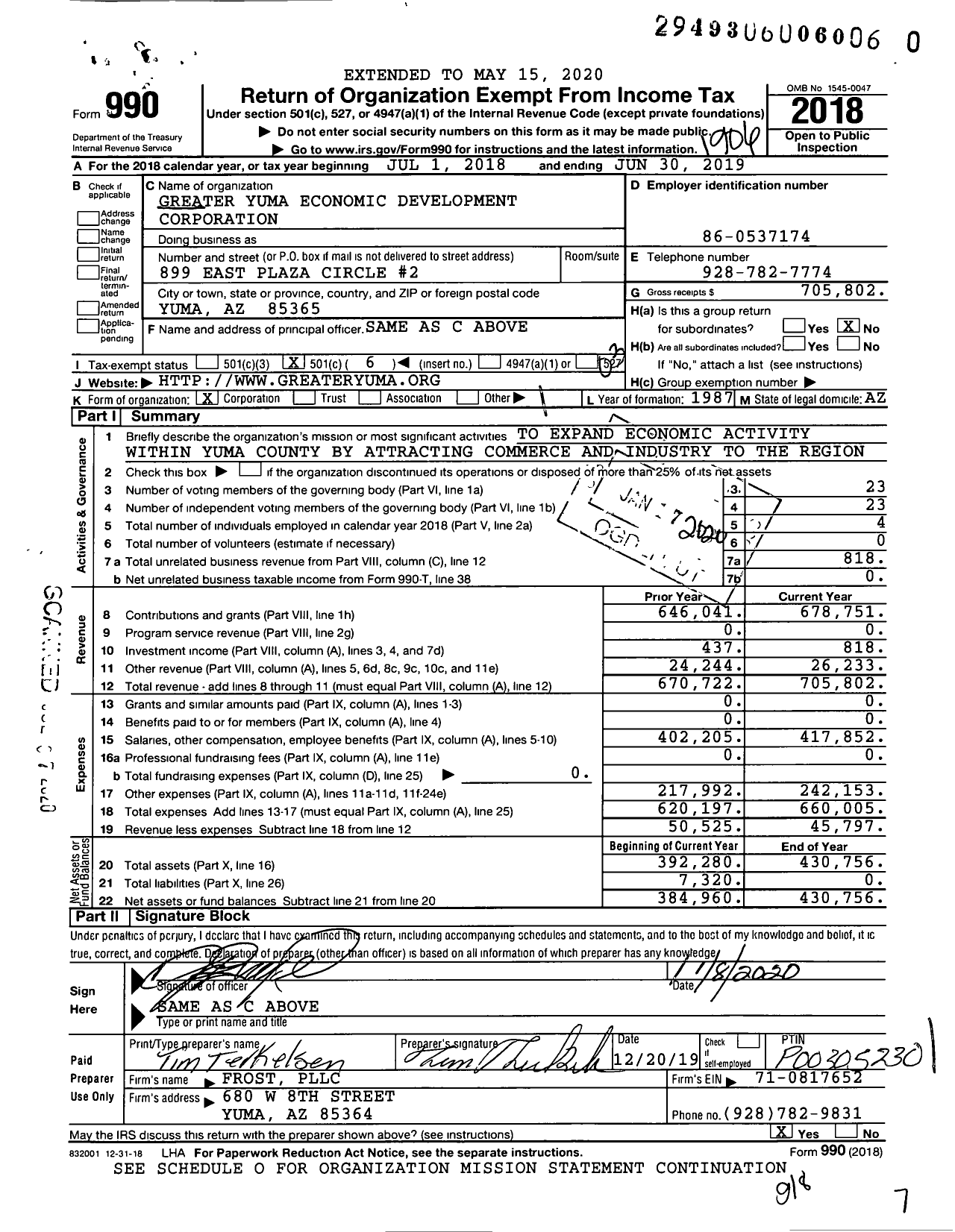 Image of first page of 2018 Form 990 for Greater Yuma Economic Development Corporation