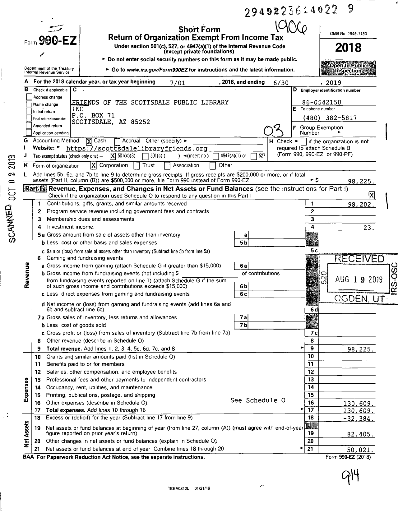 Image of first page of 2018 Form 990EZ for Friends of the Scottsdale Public Library