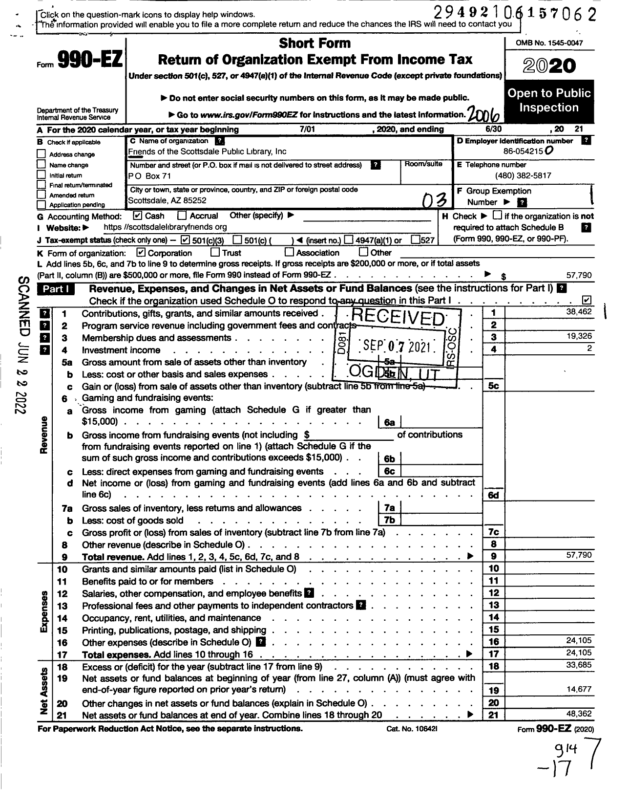 Image of first page of 2019 Form 990EZ for Friends of the Scottsdale Public Library