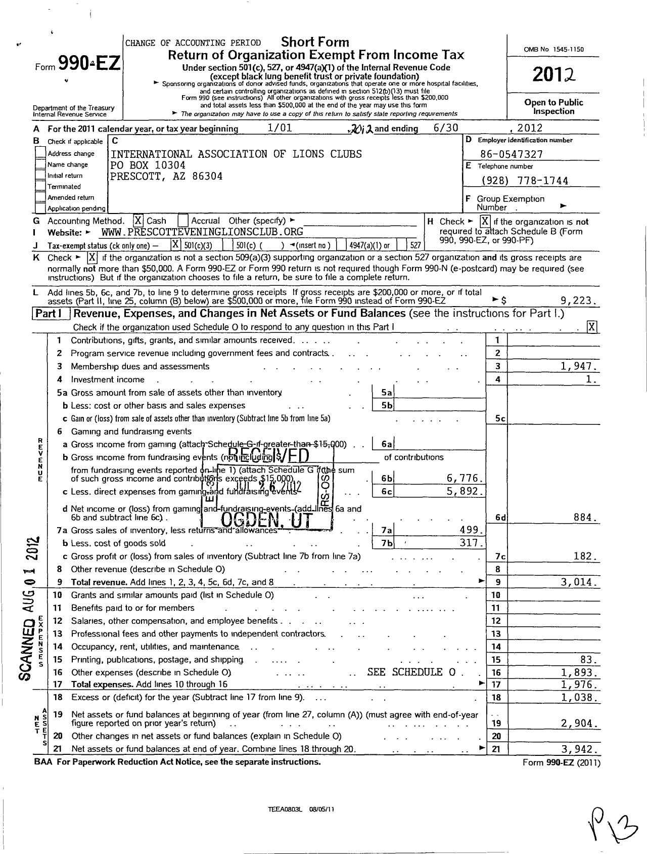 Image of first page of 2011 Form 990EZ for Lions Clubs - 43219 Prescott Evening