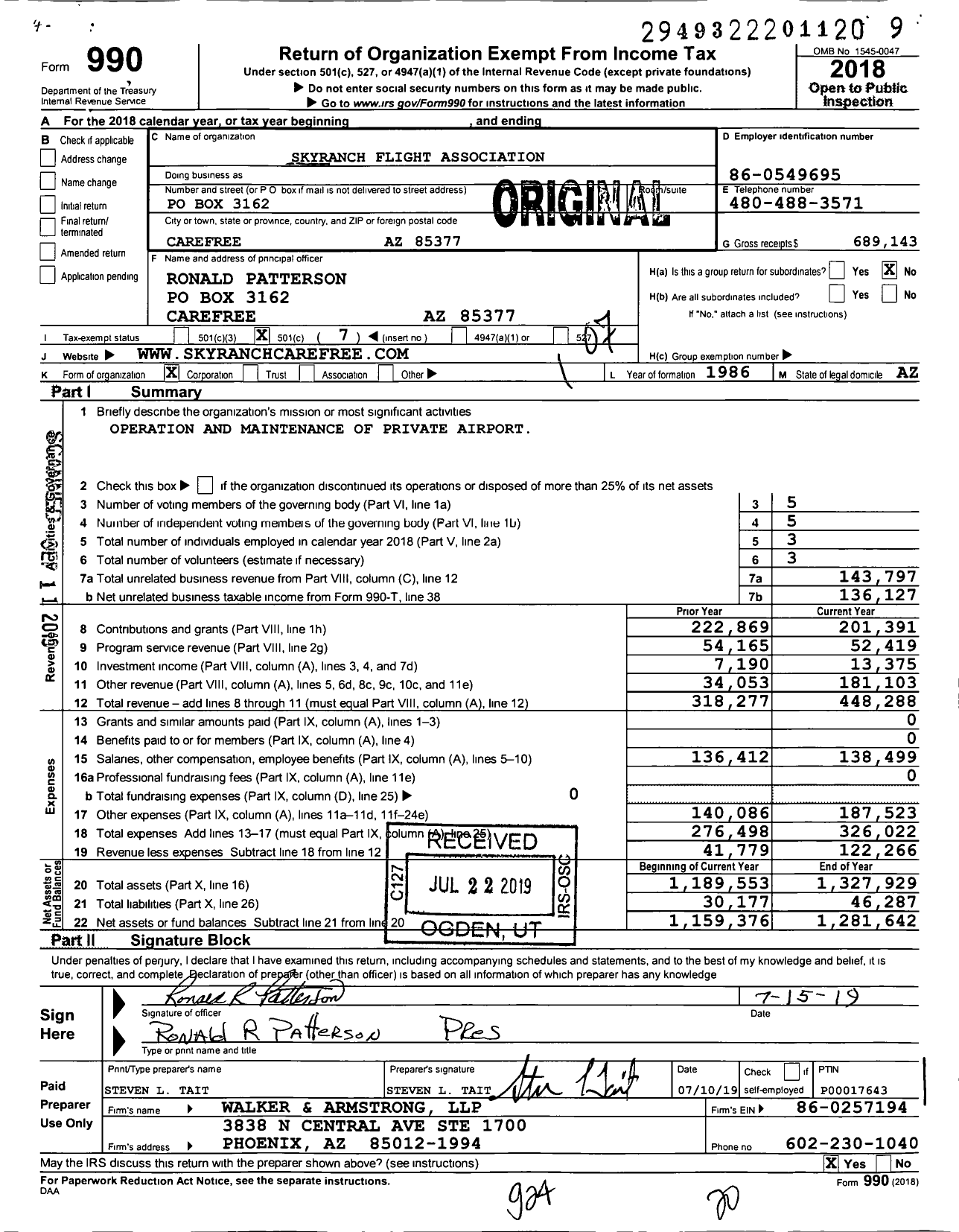 Image of first page of 2018 Form 990O for Skyranch Flight Association