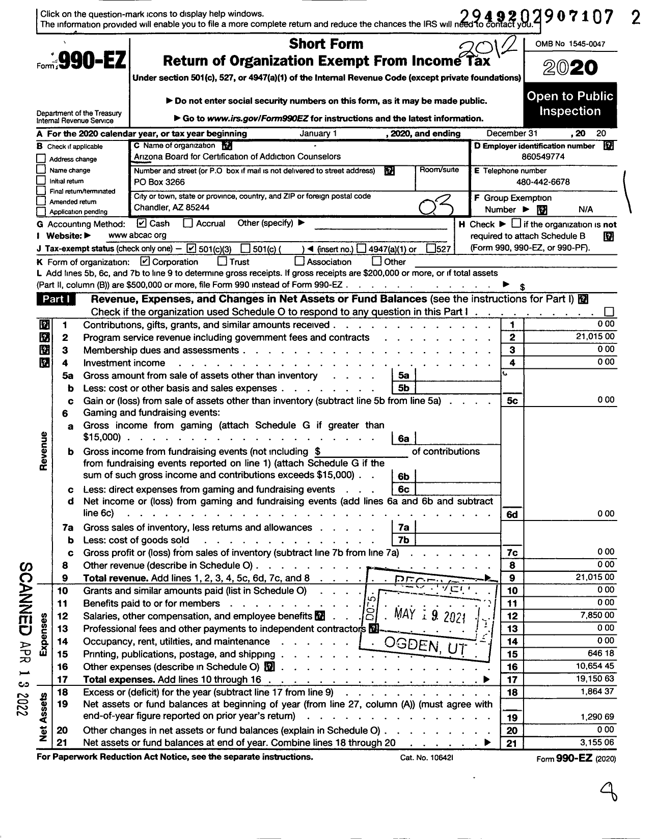 Image of first page of 2020 Form 990EZ for Arizona Board for Certification of Addiction Counselors