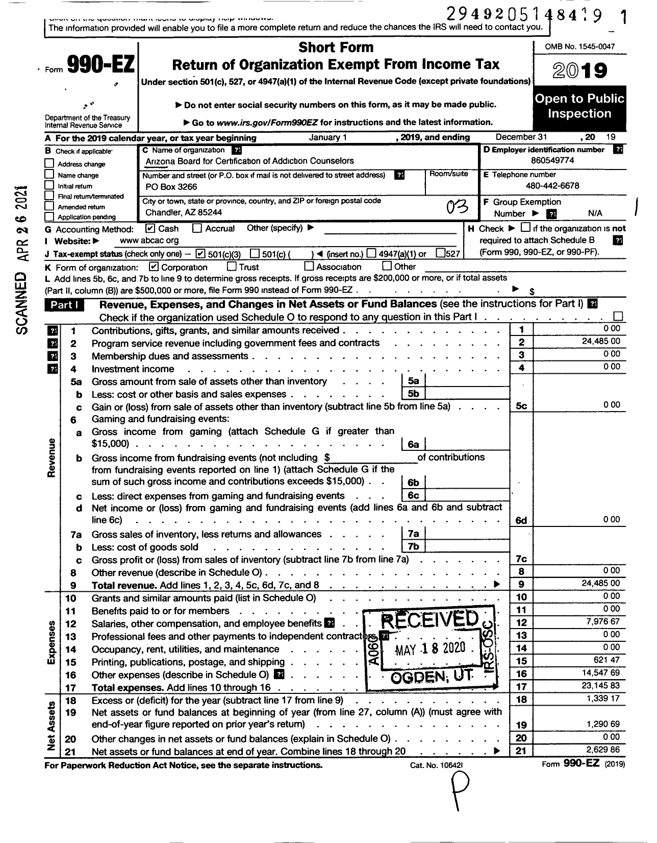 Image of first page of 2019 Form 990EZ for Arizona Board for Certification of Addiction Counselors