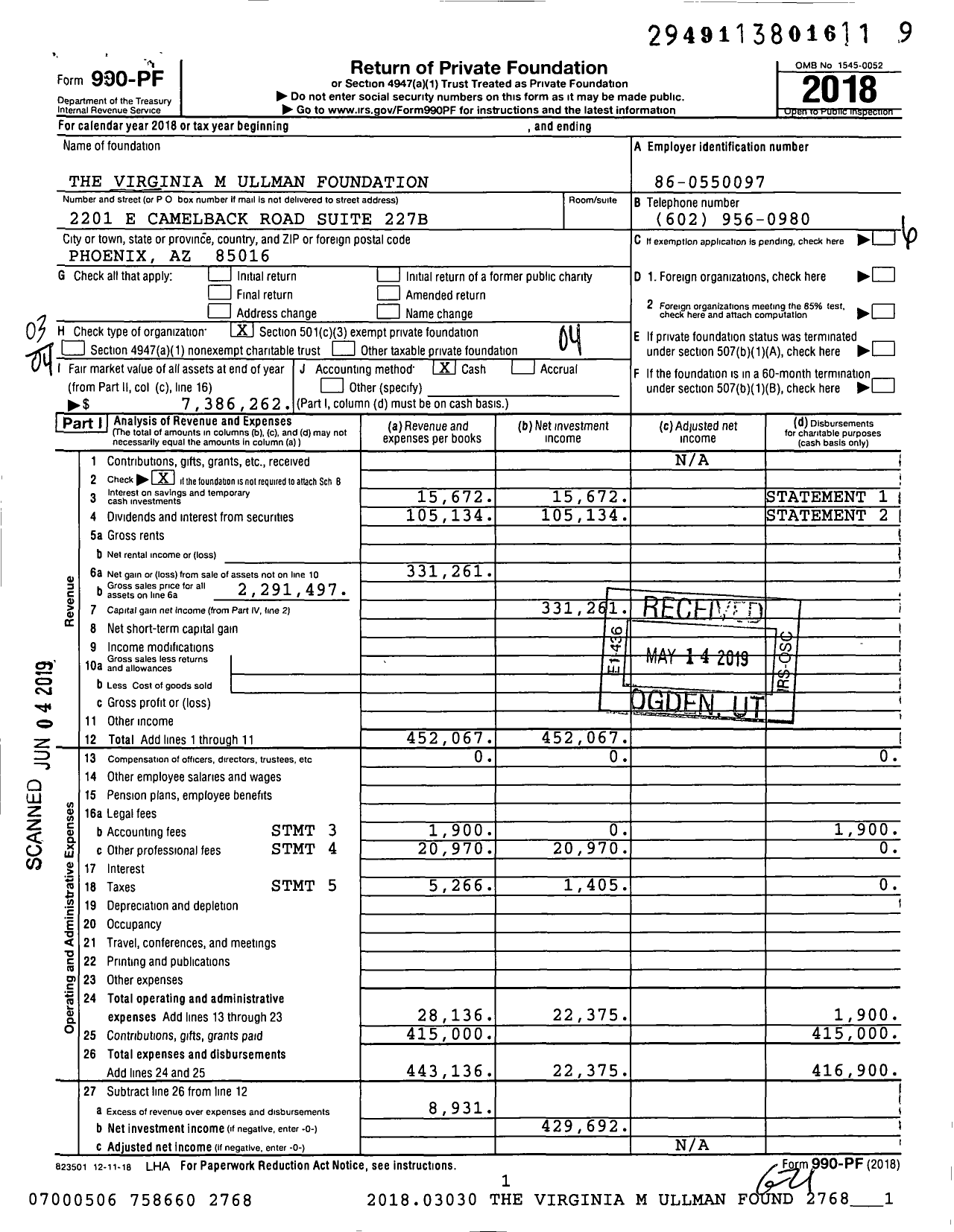 Image of first page of 2018 Form 990PF for The Virginia M Ullman Foundation