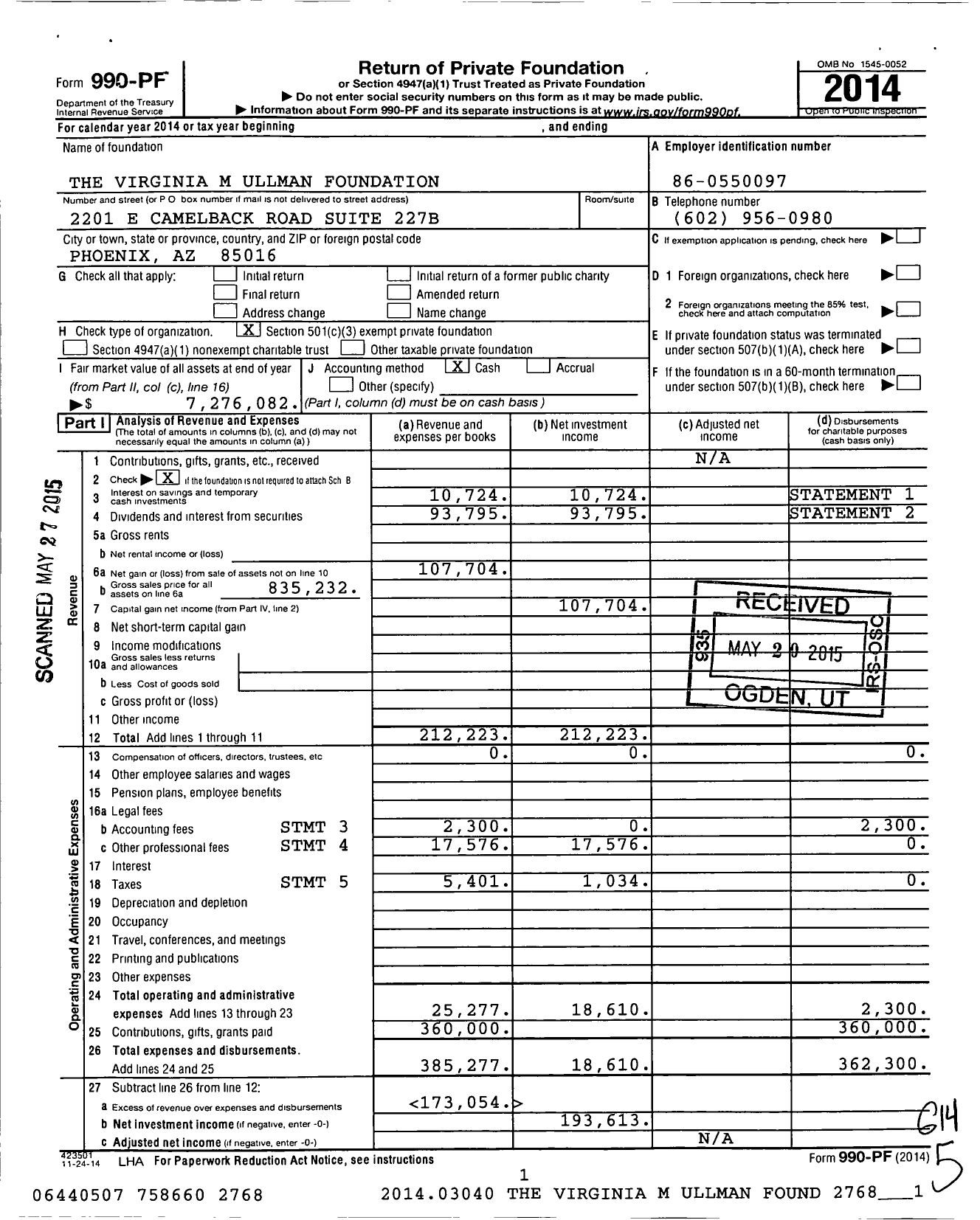 Image of first page of 2014 Form 990PF for The Virginia M Ullman Foundation