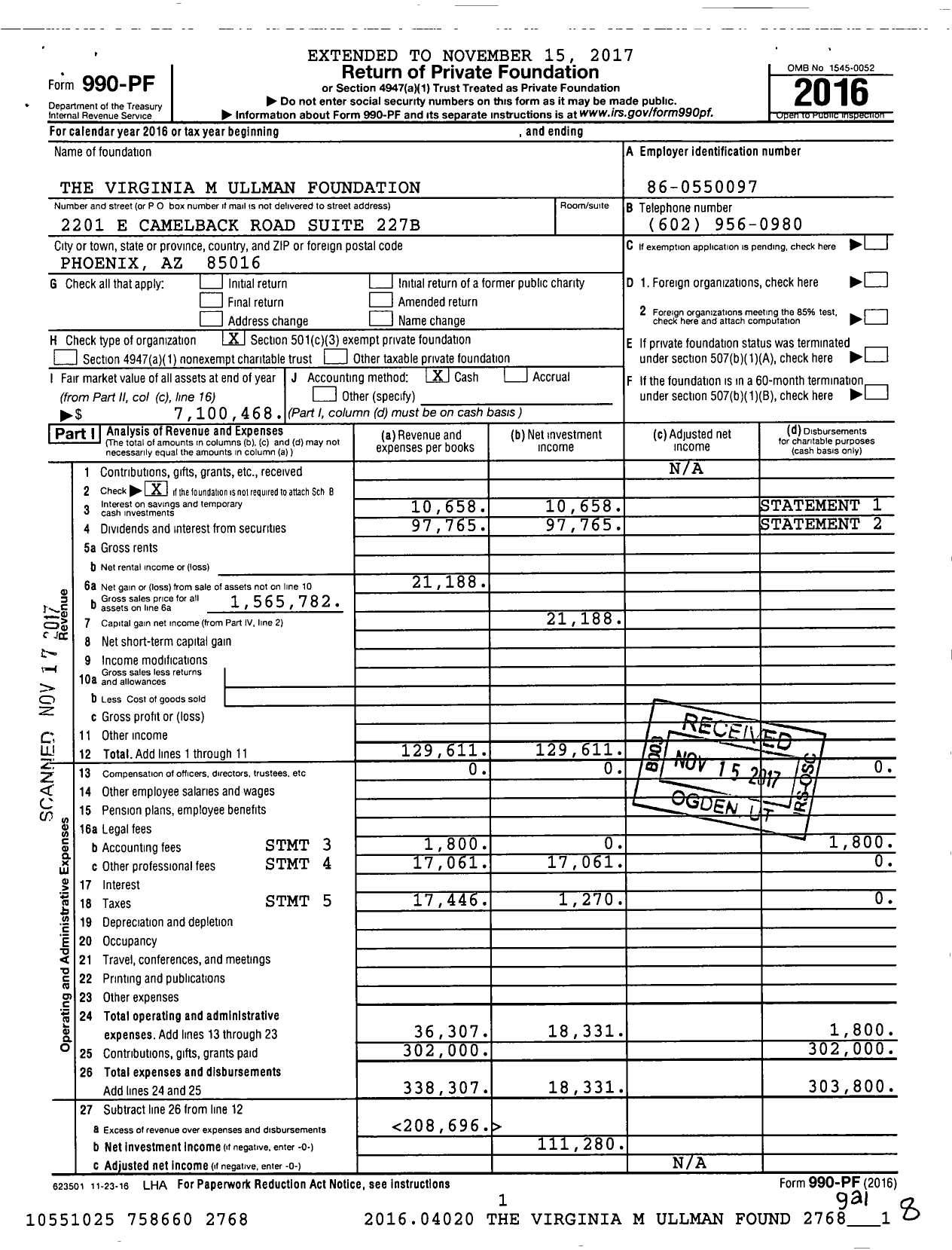Image of first page of 2016 Form 990PF for The Virginia M Ullman Foundation