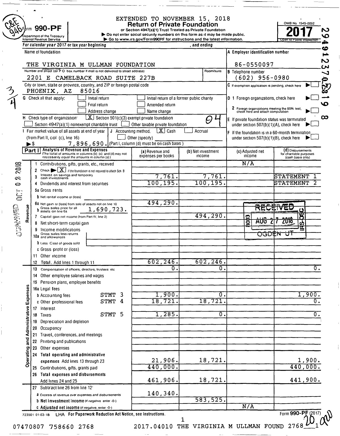 Image of first page of 2017 Form 990PF for The Virginia M Ullman Foundation