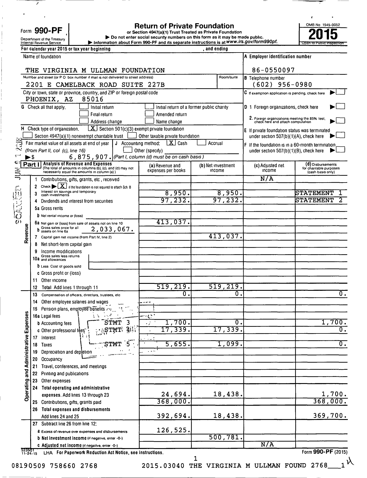 Image of first page of 2015 Form 990PF for The Virginia M Ullman Foundation
