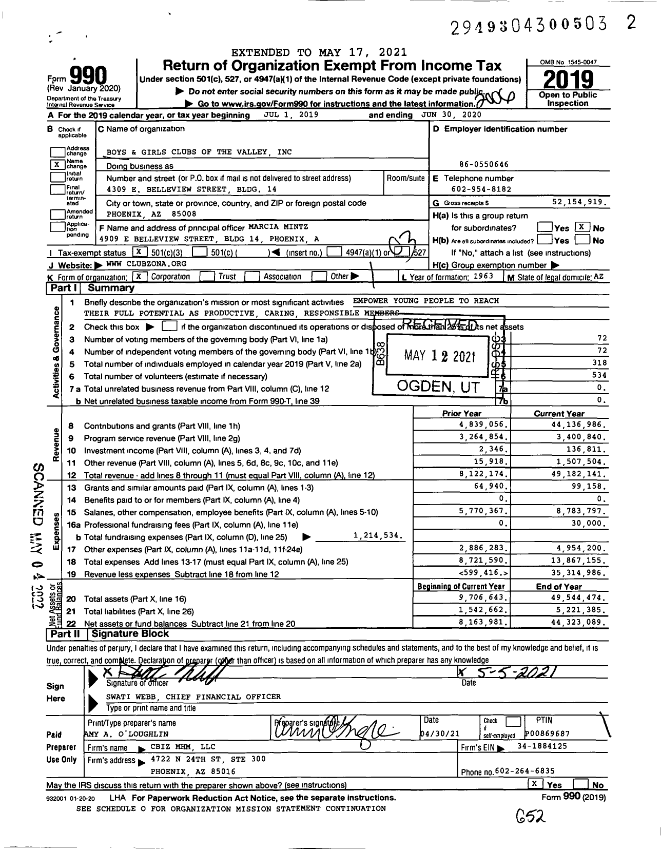 Image of first page of 2019 Form 990 for Boys and Girls Clubs of the Valley