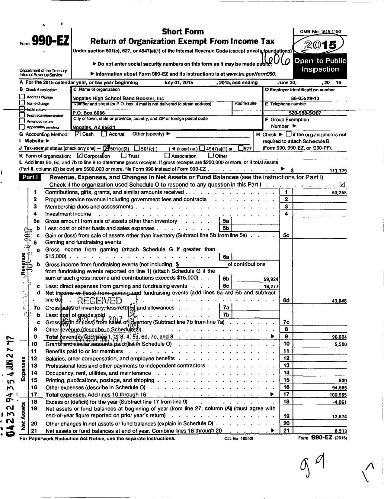 Image of first page of 2015 Form 990EZ for Nogales High School Band Boosters