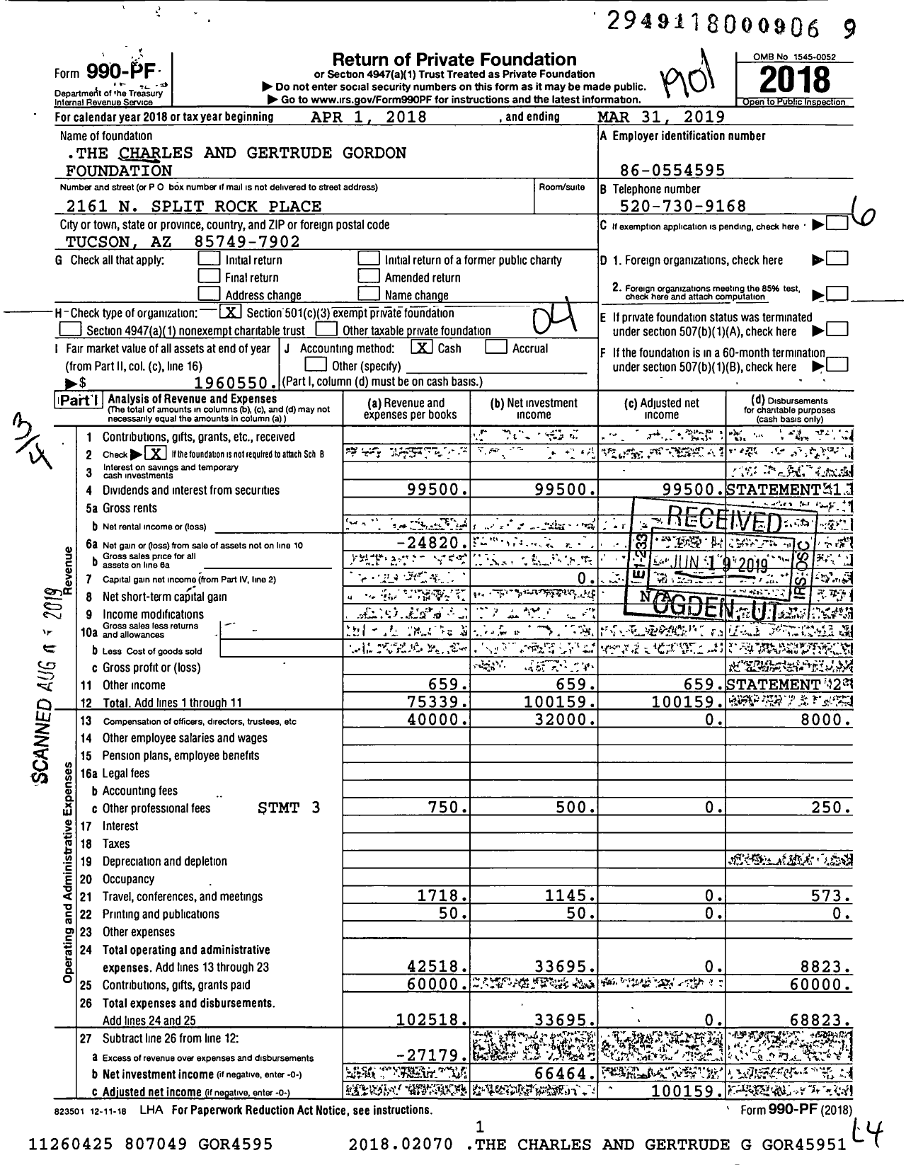 Image of first page of 2018 Form 990PF for The Charles and Gertrude Gordon Foundation