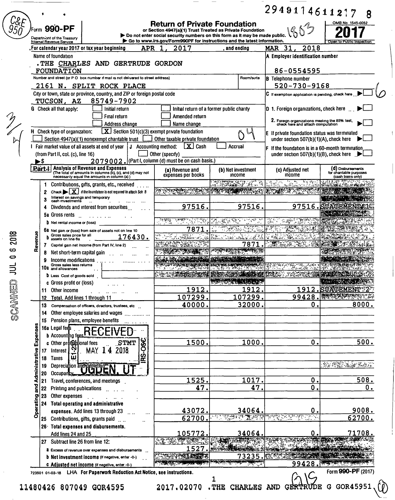 Image of first page of 2017 Form 990PF for The Charles and Gertrude Gordon Foundation