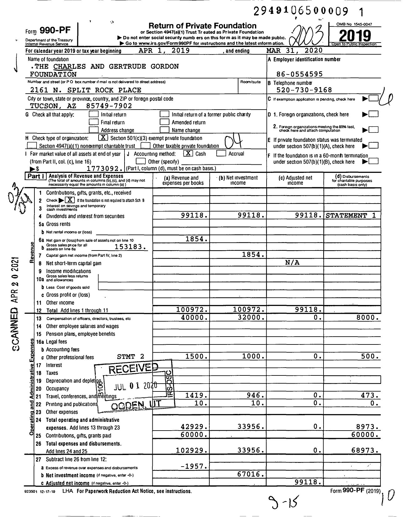 Image of first page of 2019 Form 990PF for The Charles and Gertrude Gordon Foundation