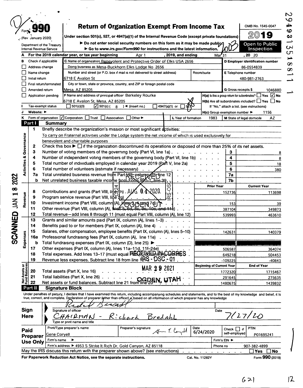 Image of first page of 2019 Form 990O for Benevolent and Protective Order of Elks - Mesa Buckhorn Lodge #2656