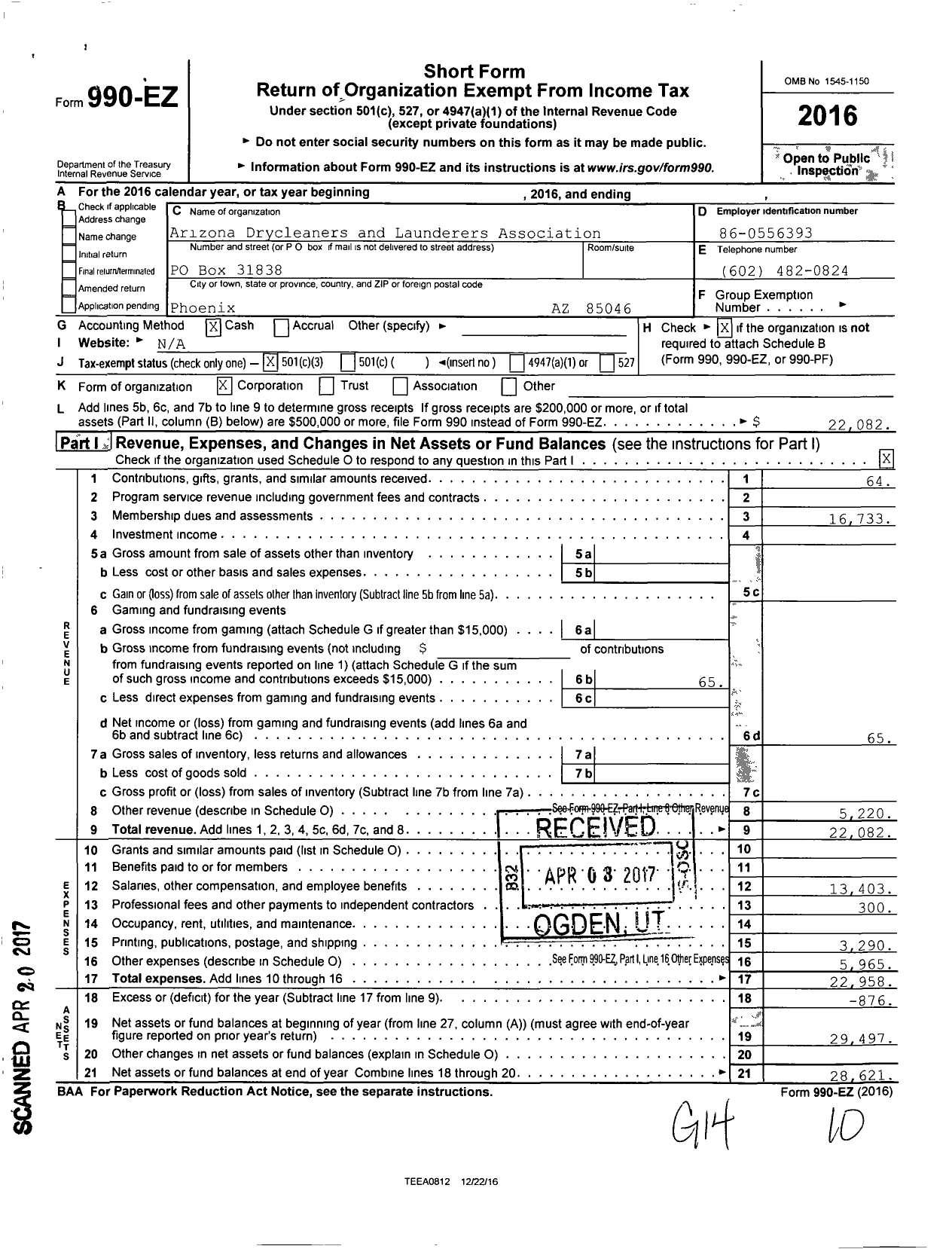 Image of first page of 2016 Form 990EZ for Arizona Drycleaners and Launderers Association