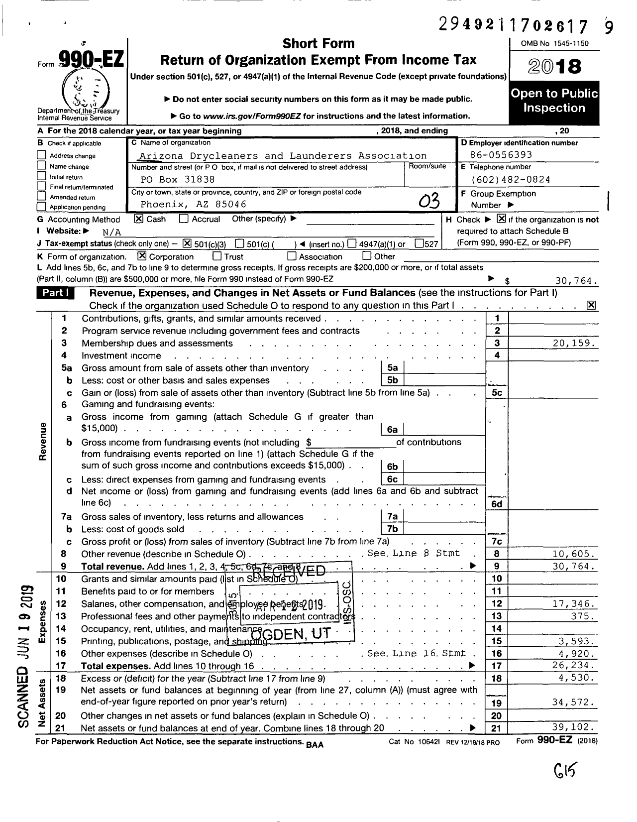 Image of first page of 2018 Form 990EZ for Arizona Drycleaners and Launderers Association