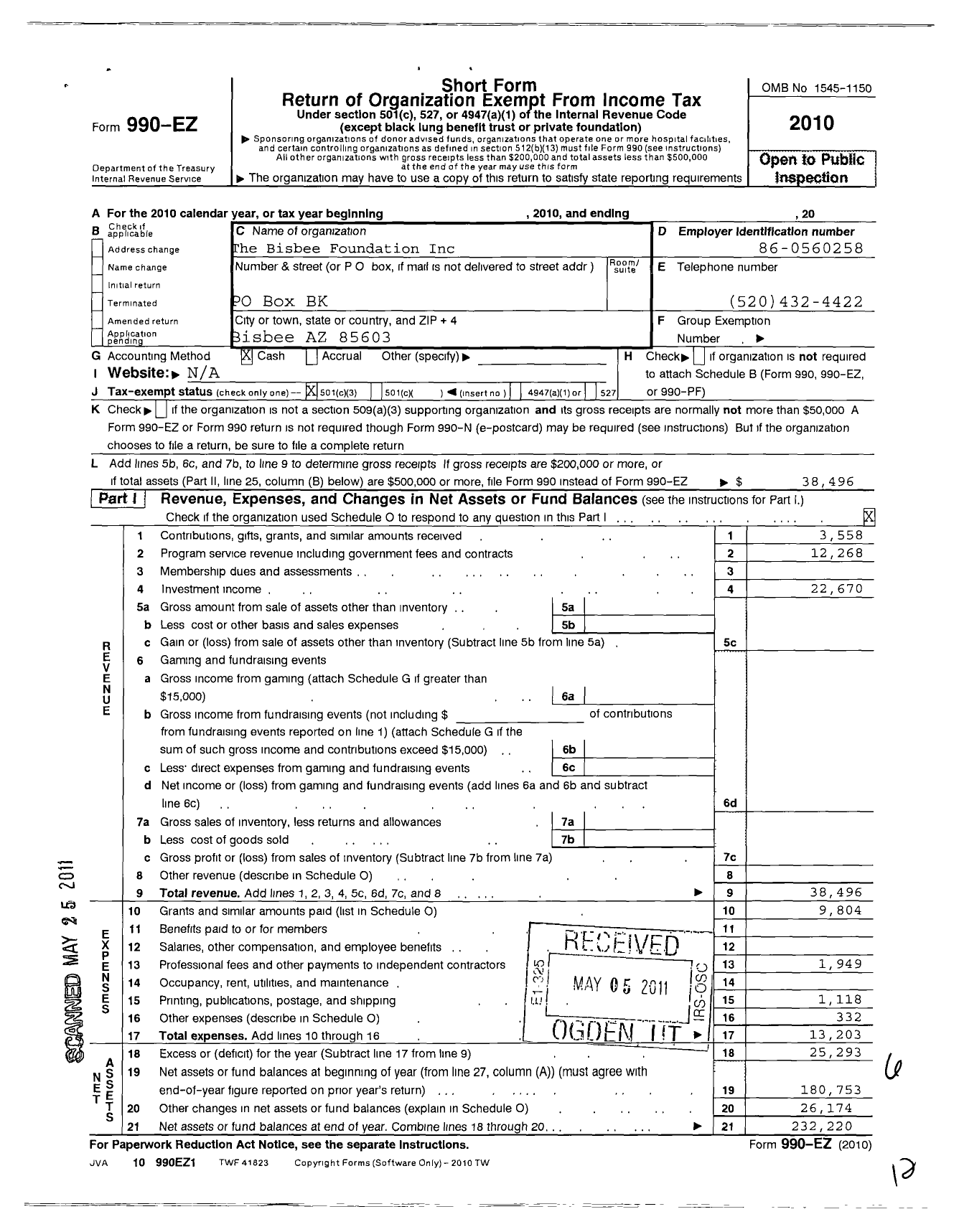 Image of first page of 2010 Form 990EZ for The Bisbee Foundation