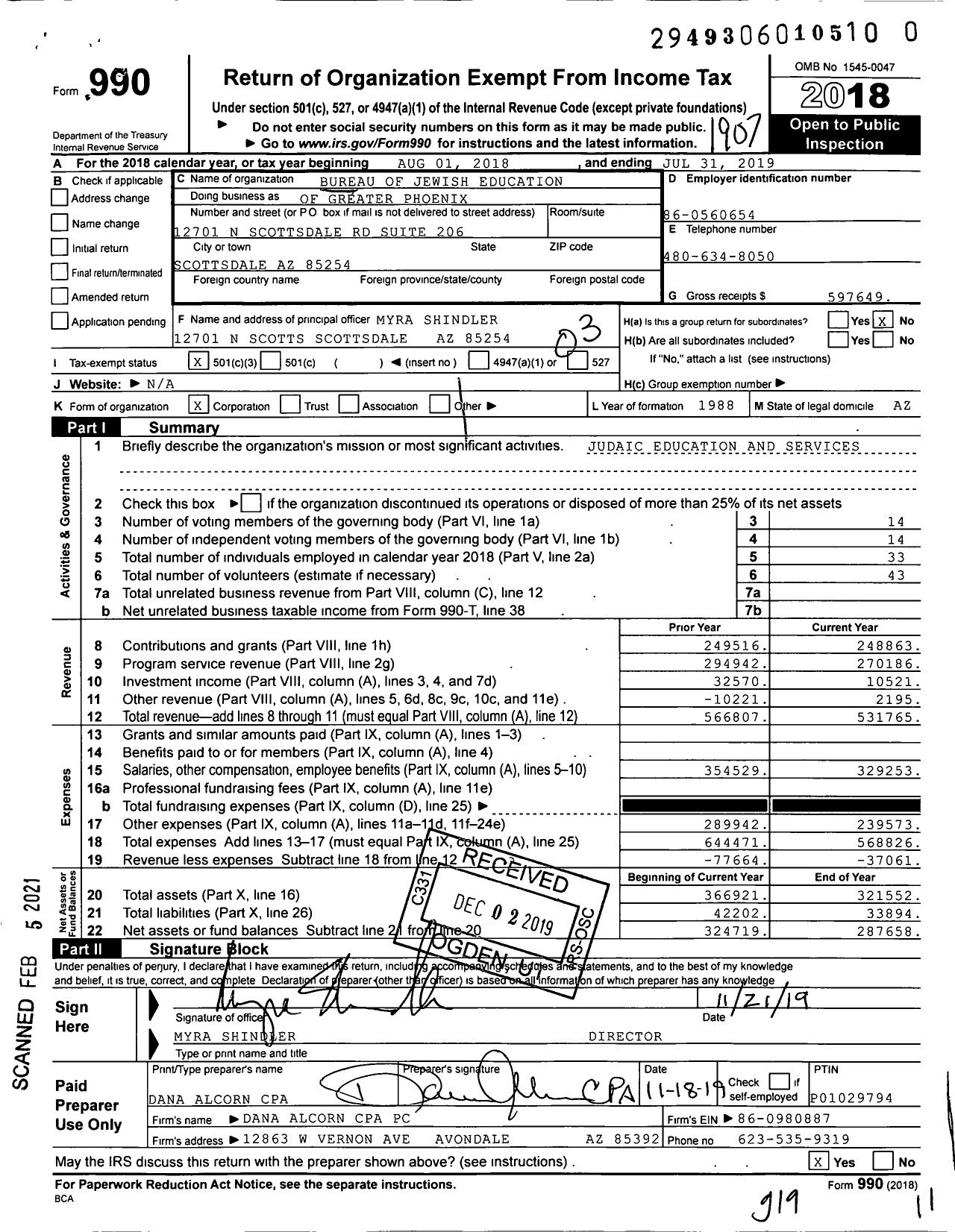 Image of first page of 2018 Form 990 for Bureau of Jewish Education of Greater Phoenix