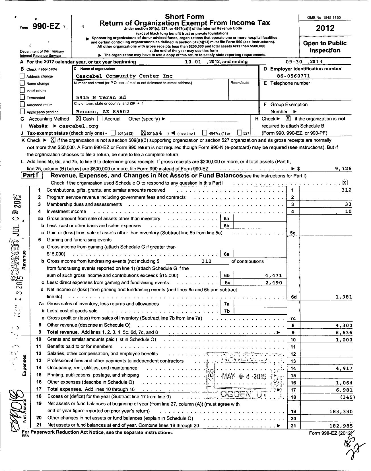 Image of first page of 2012 Form 990EO for Cascabel Community Center