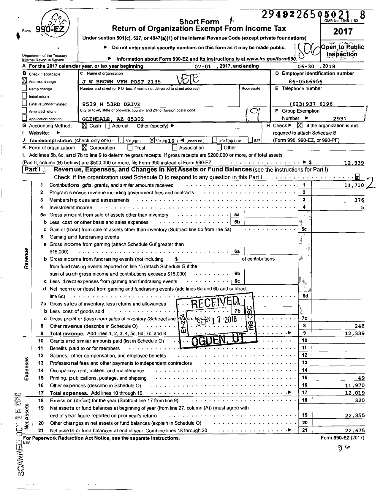Image of first page of 2017 Form 990EO for Veterans of Foreign Wars of Arizona - 2135 J W Brown Post