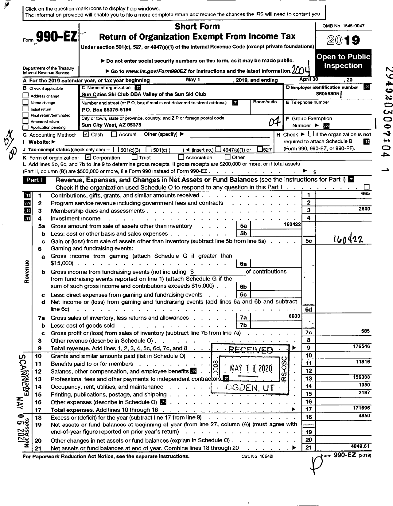 Image of first page of 2019 Form 990EO for Sun Cities Ski Club