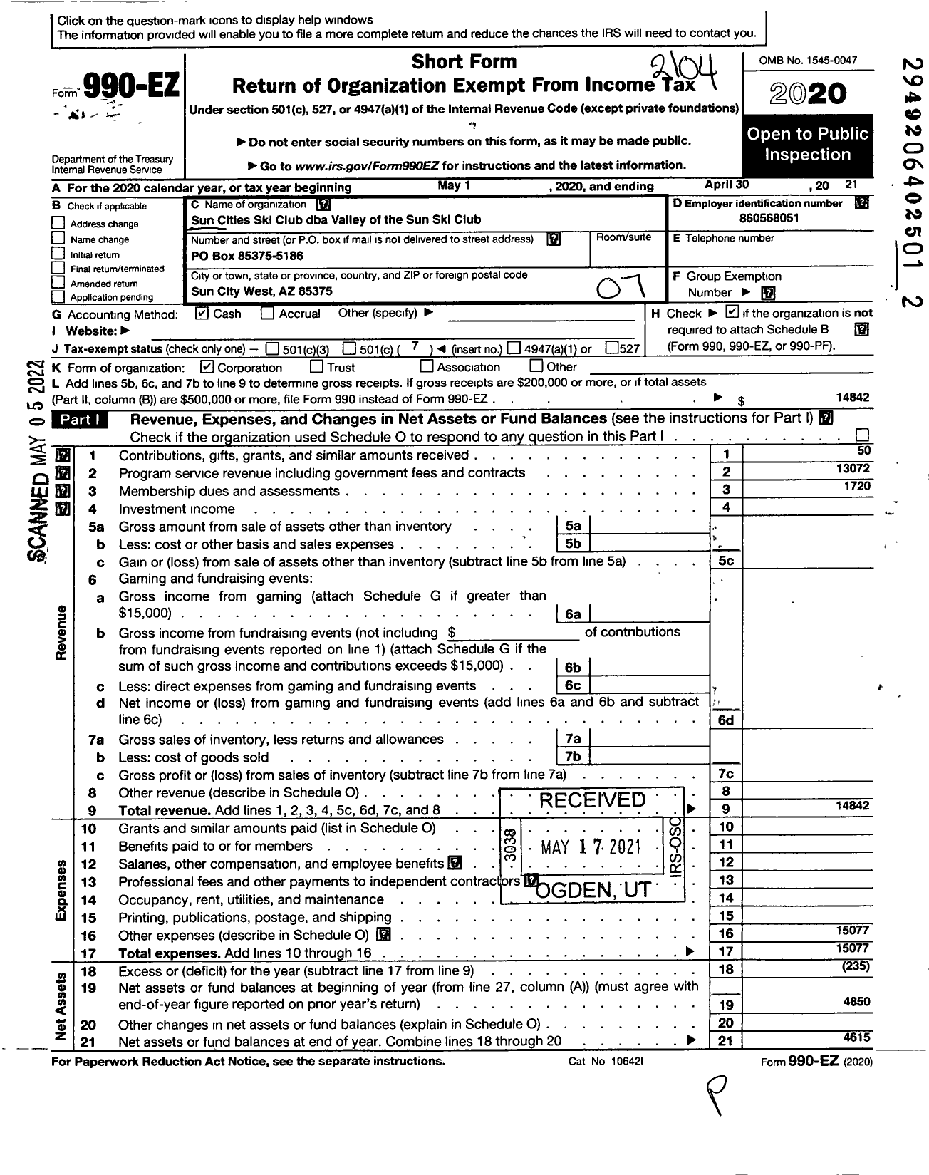 Image of first page of 2020 Form 990EO for Sun Cities Ski Club