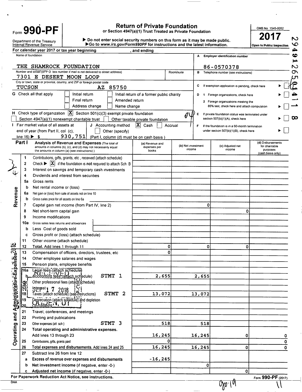Image of first page of 2017 Form 990PF for The Shamrock Foundation