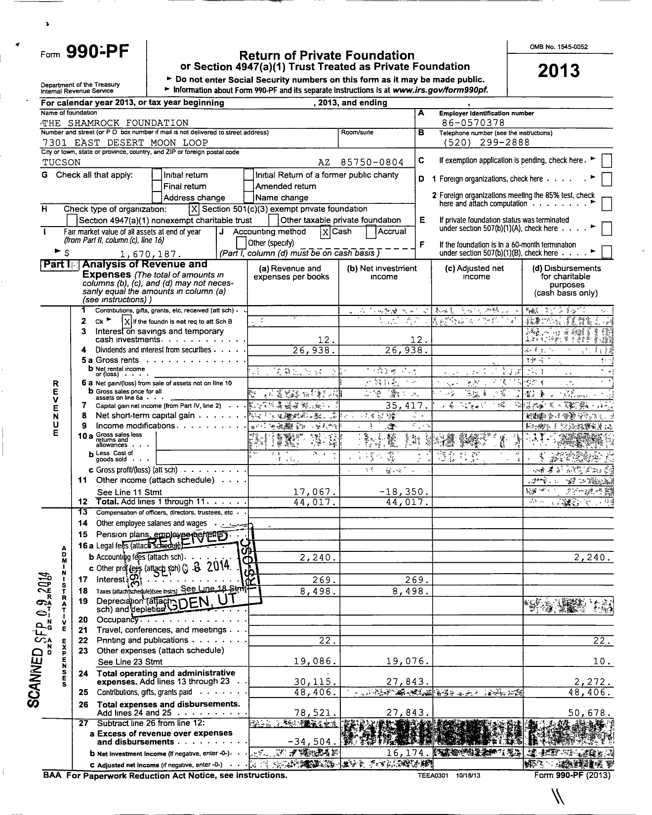 Image of first page of 2013 Form 990PF for The Shamrock Foundation