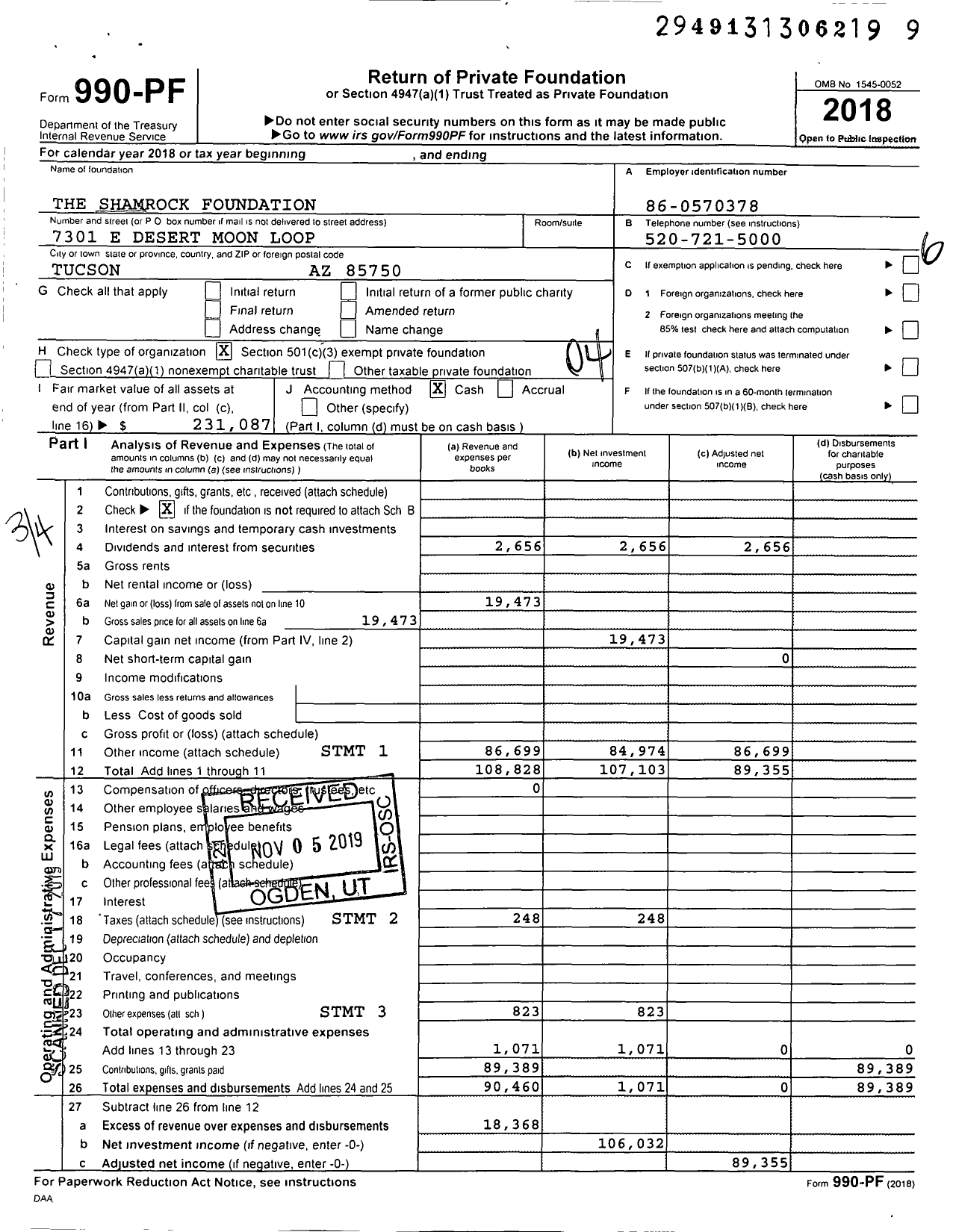 Image of first page of 2018 Form 990PF for The Shamrock Foundation