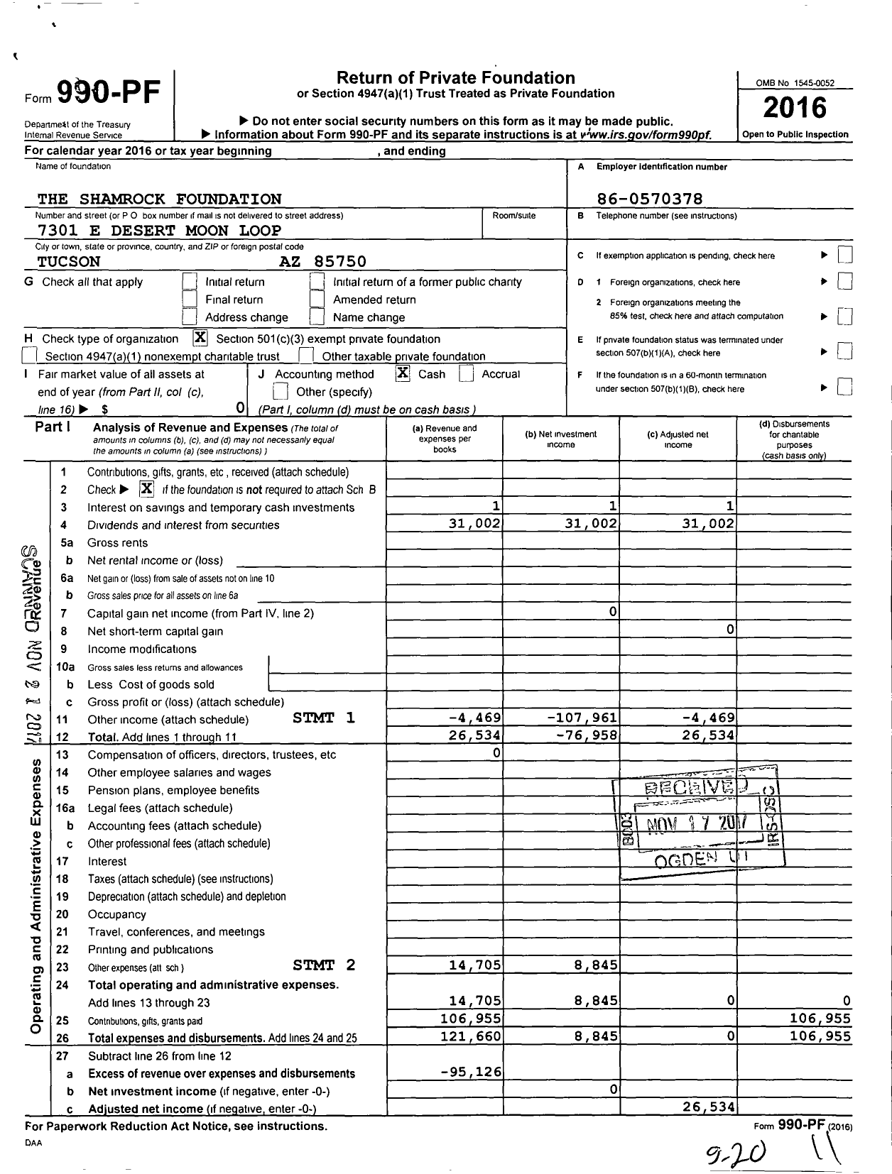 Image of first page of 2016 Form 990PF for The Shamrock Foundation