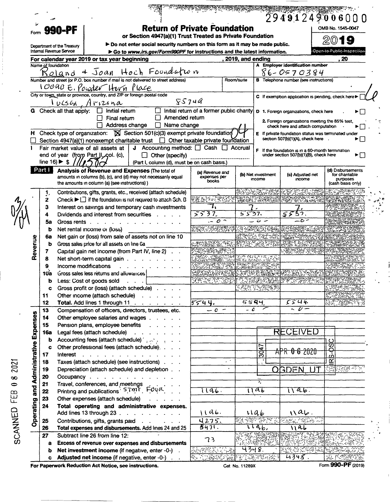 Image of first page of 2019 Form 990PF for Roland and Joan Hoch Foundation