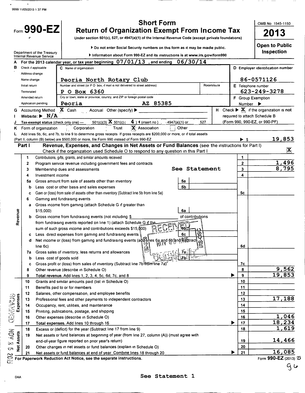 Image of first page of 2013 Form 990EO for Rotary International - Peoria