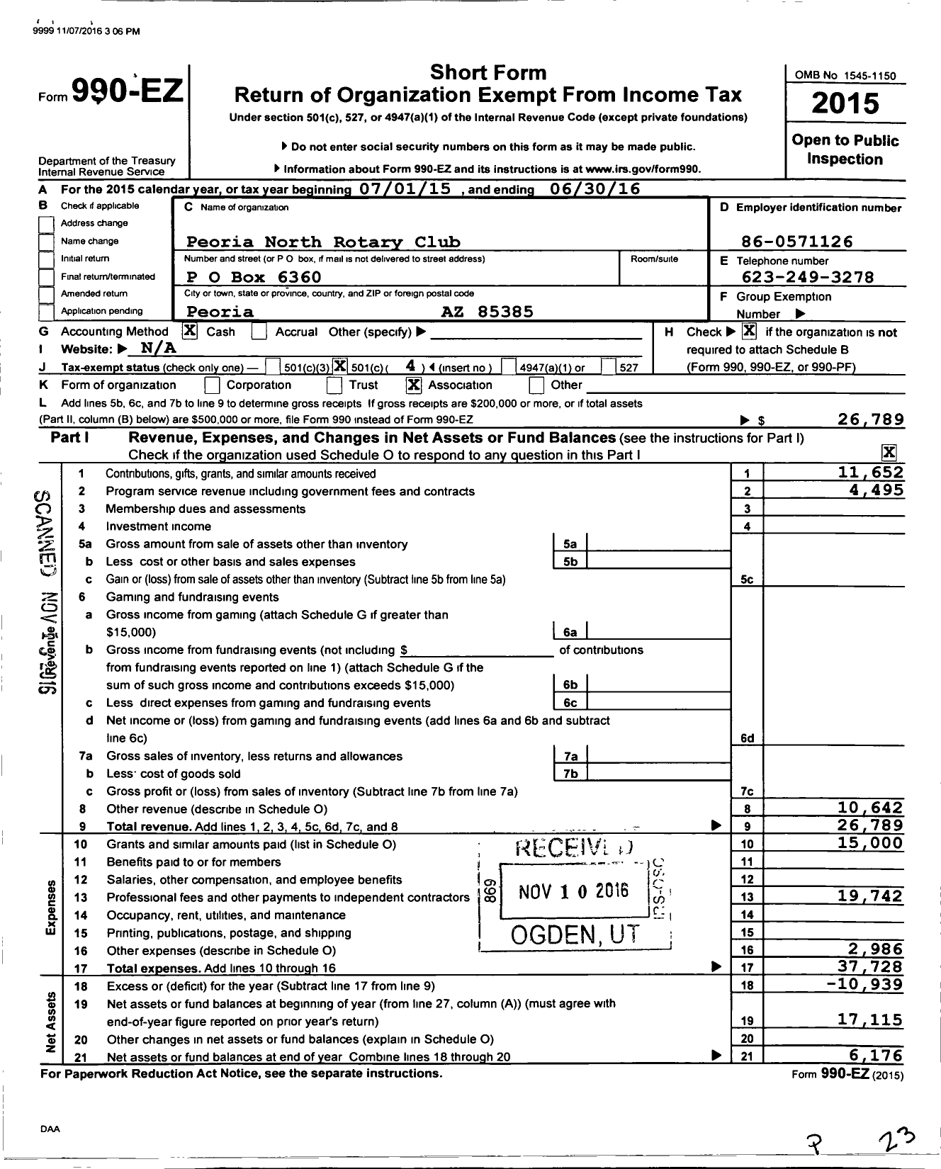 Image of first page of 2015 Form 990EO for Rotary International - Peoria