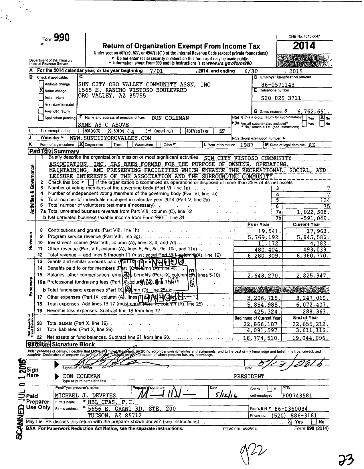 Image of first page of 2014 Form 990O for Sun City Oro Valley (SCOV)