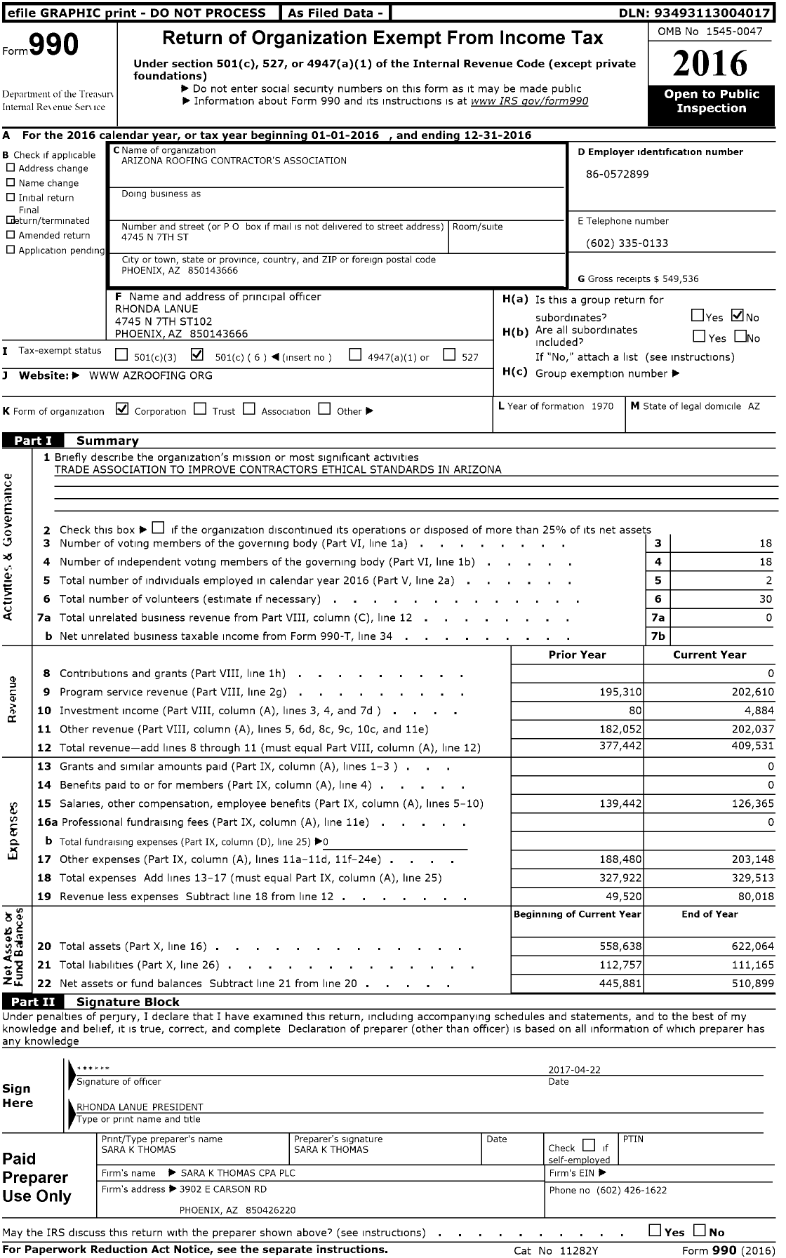 Image of first page of 2016 Form 990O for Arizona Roofing Contractor's Association