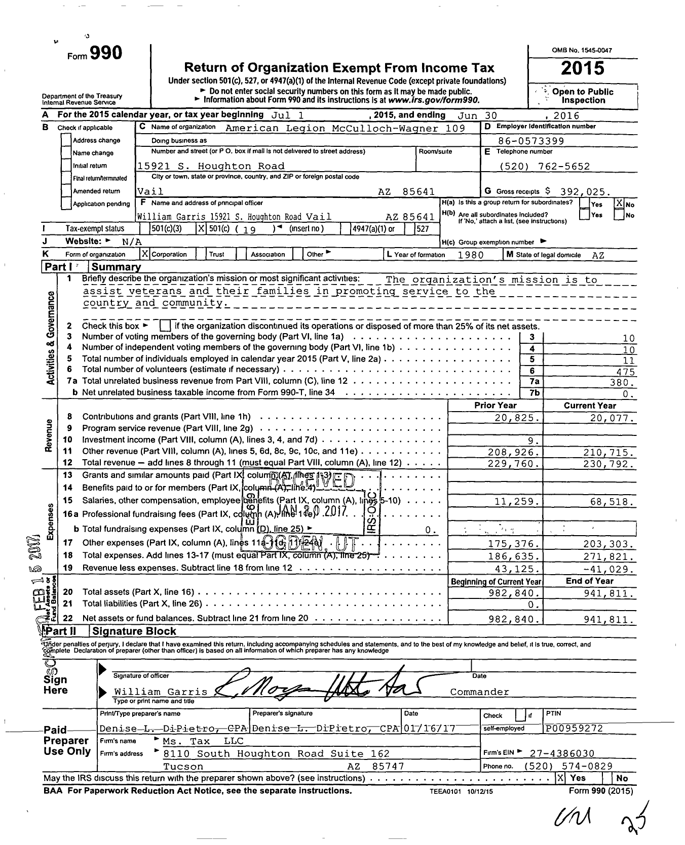 Image of first page of 2015 Form 990O for American Legion Mcculloch-Wagner 109