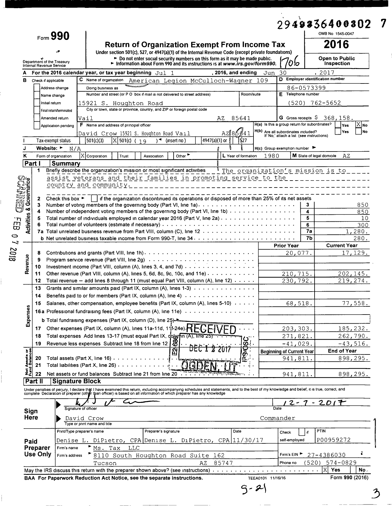 Image of first page of 2016 Form 990O for American Legion Mcculloch-Wagner 109