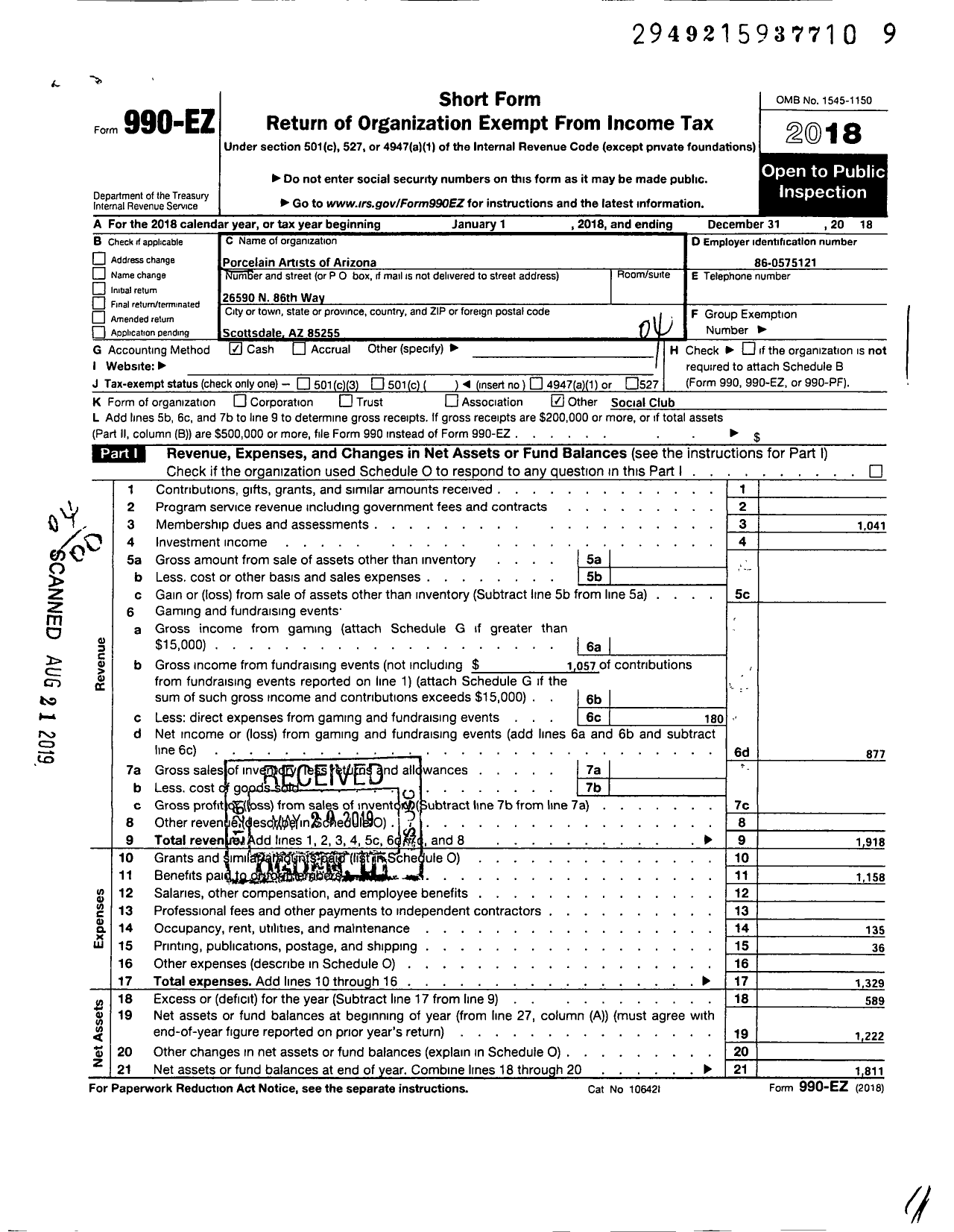 Image of first page of 2018 Form 990EO for Porcelain Artists of Arizona