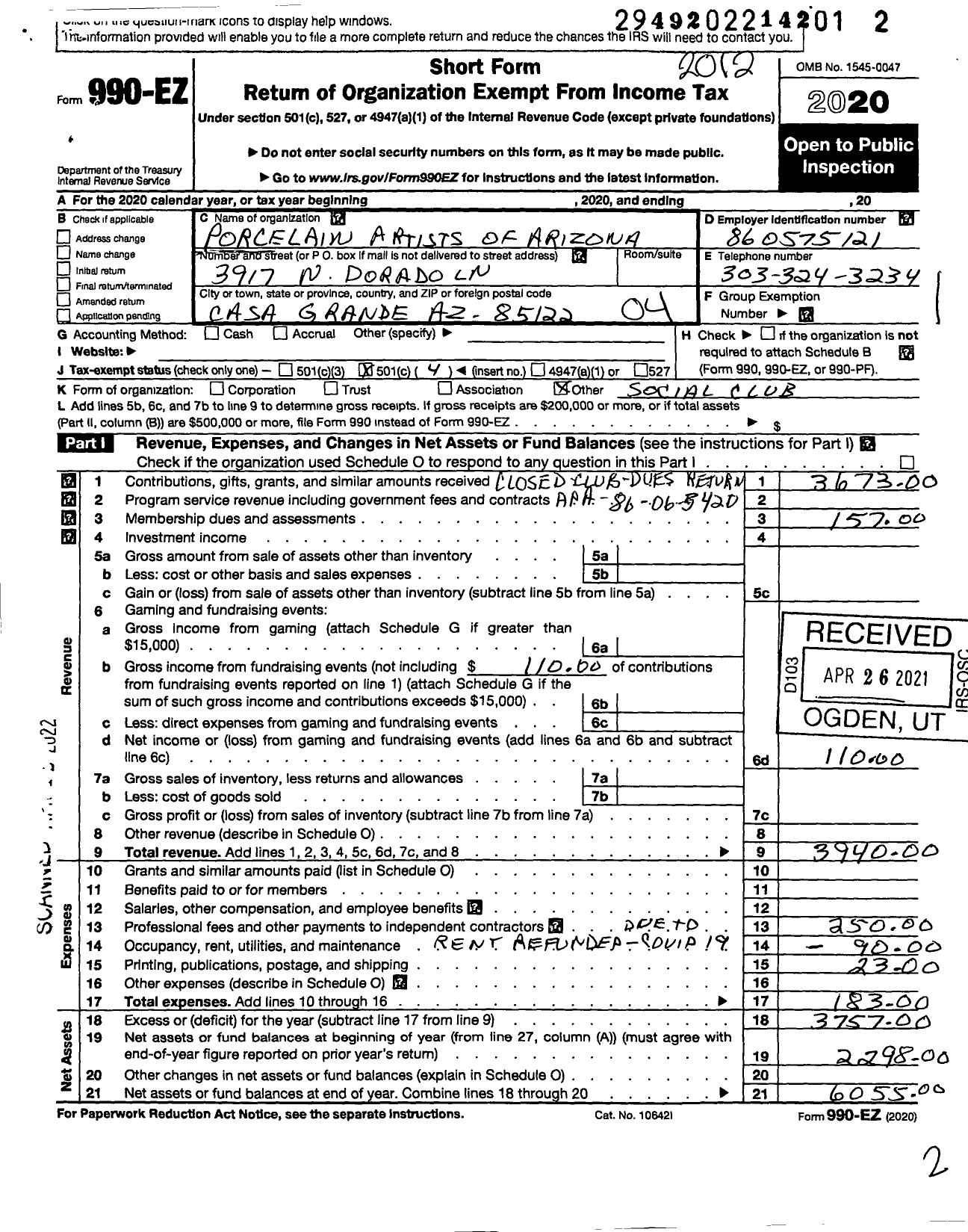 Image of first page of 2020 Form 990EO for Porcelain Artists of Arizona