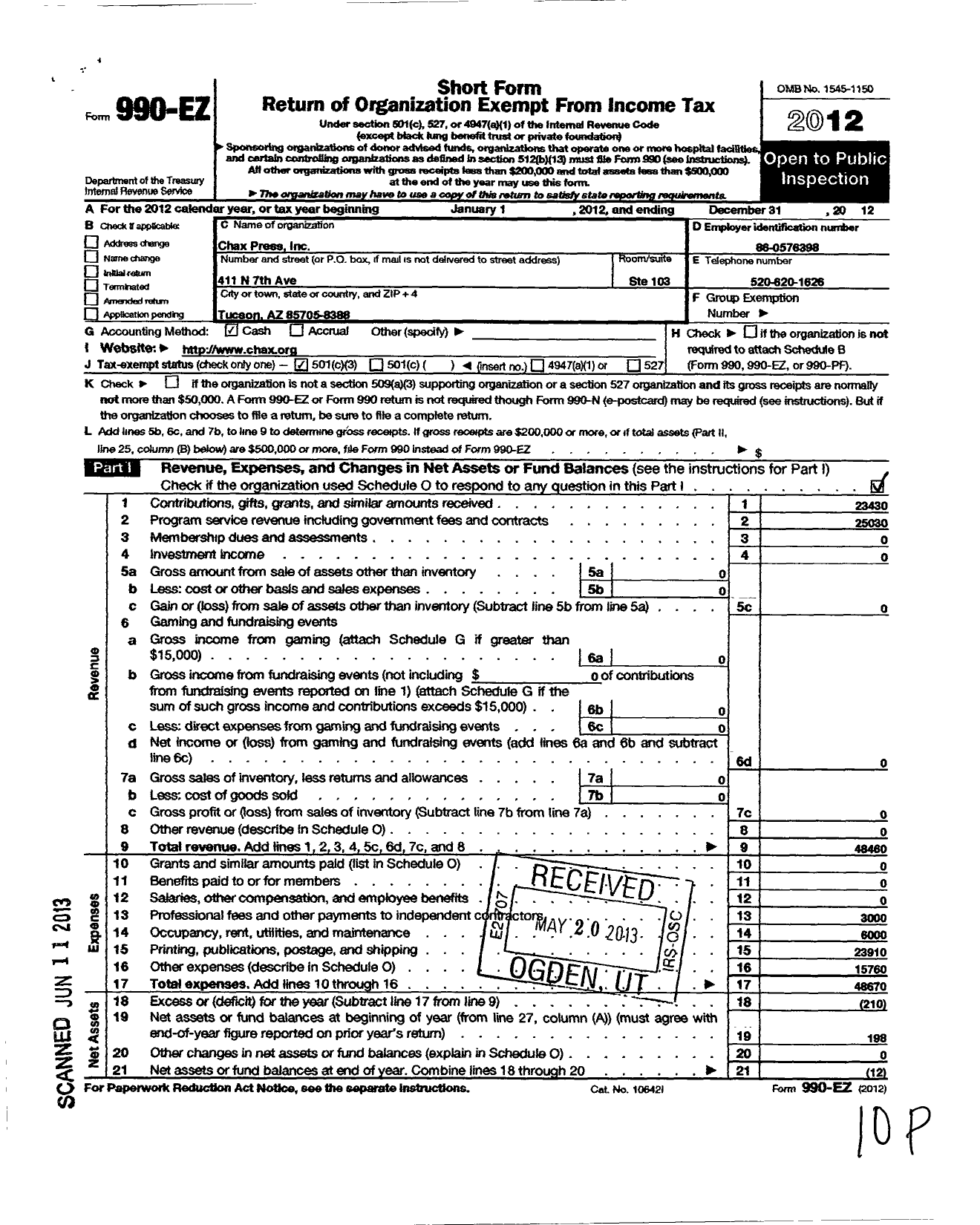 Image of first page of 2012 Form 990EZ for Chax Press