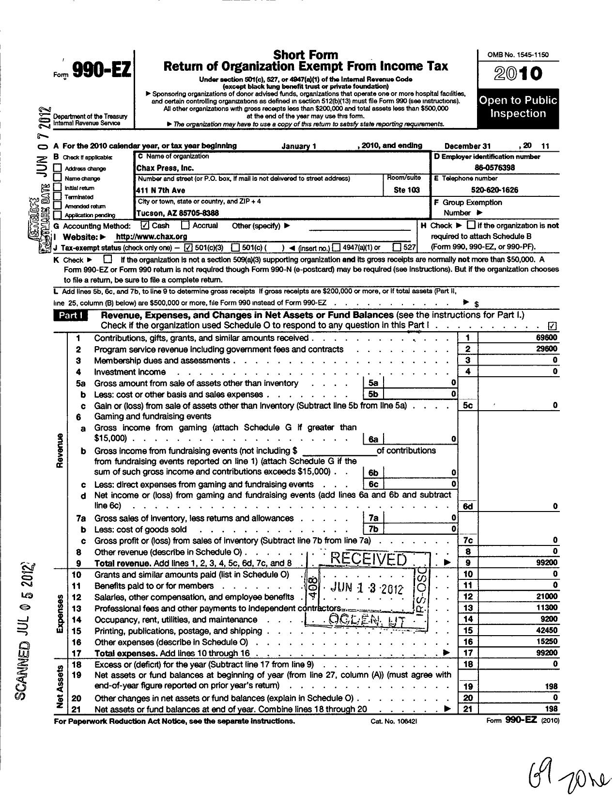 Image of first page of 2011 Form 990EZ for Chax Press