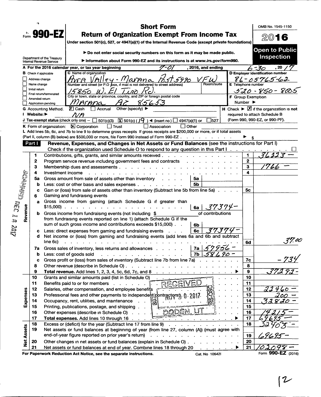 Image of first page of 2016 Form 990EO for Veterans of Foreign Wars of Arizona - 5990 Avra Valley Post