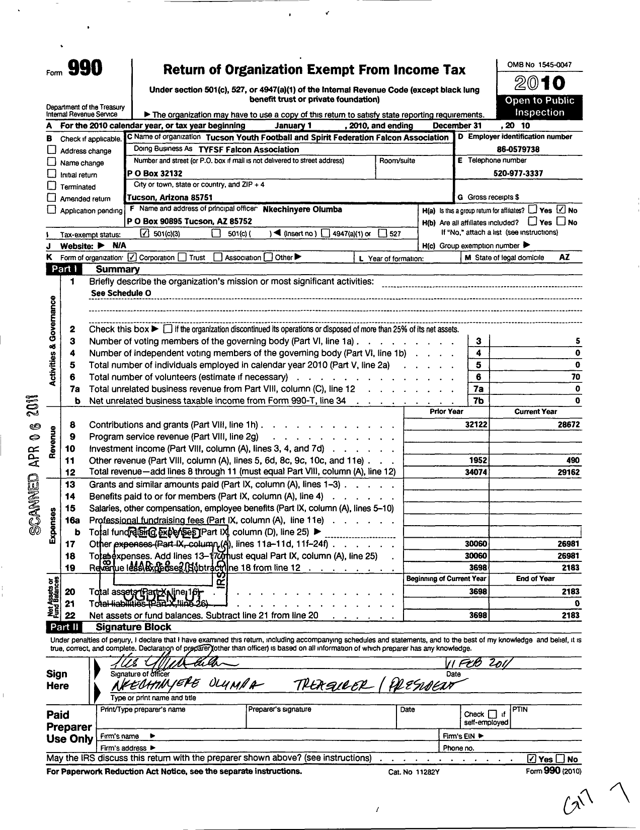 Image of first page of 2010 Form 990 for Tucson Youth Football and Spirit Federation Falcon Association