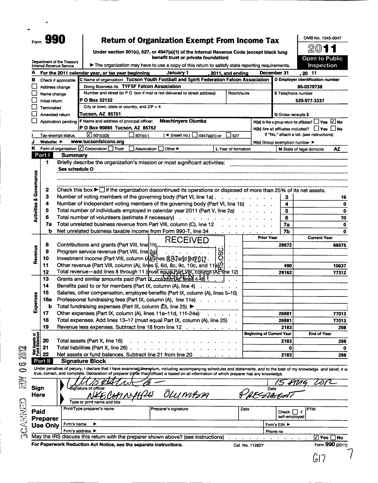 Image of first page of 2011 Form 990 for Tucson Youth Football and Spirit Federation Falcon Association