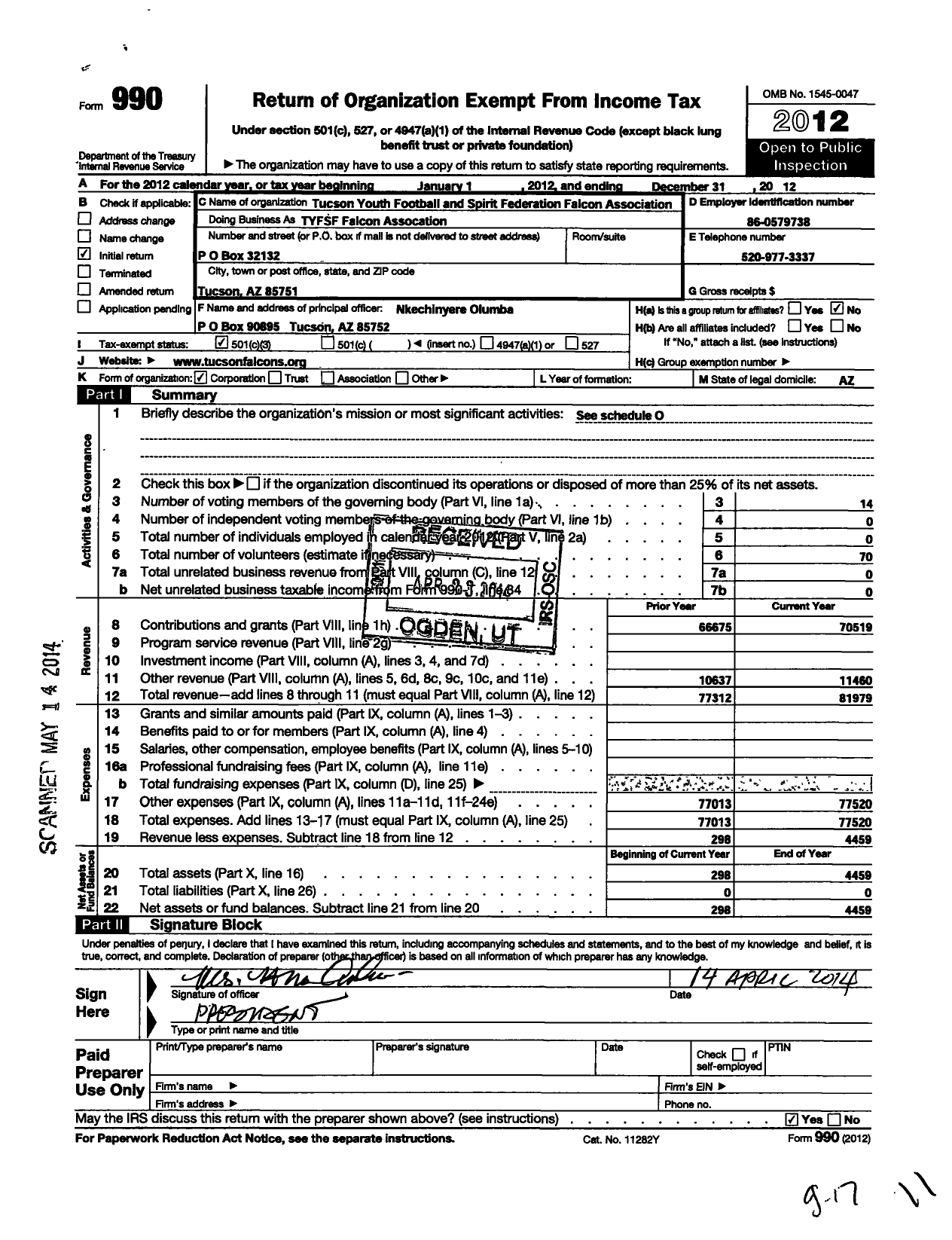 Image of first page of 2012 Form 990 for Tucson Youth Football and Spirit Federation Falcon Association